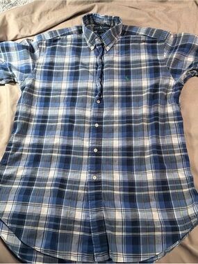 Ralph Lauren Blake Mens Blue Plaid Short Sleeve 100% Cotton Button Shirt medium